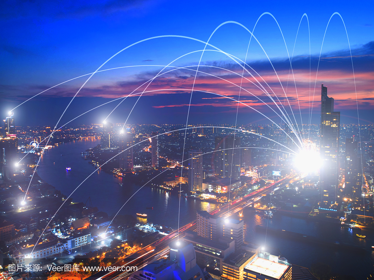 商業(yè)網(wǎng)絡連接概念和城市Wi-Fi。技術交流。背景模糊了首都的建筑。